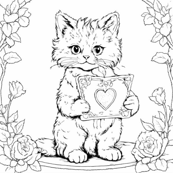 Download Adorable Kitten Holding a Heart Frame Coloring pages Online ...