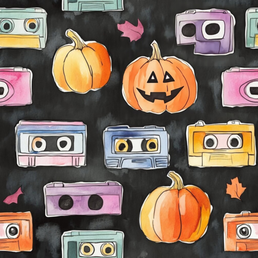 Whimsical Halloween Pattern with Pumpkins and Cassette Tapes Whimsical Halloween Pattern with Pumpkins and Cassette Tapes thumbnail