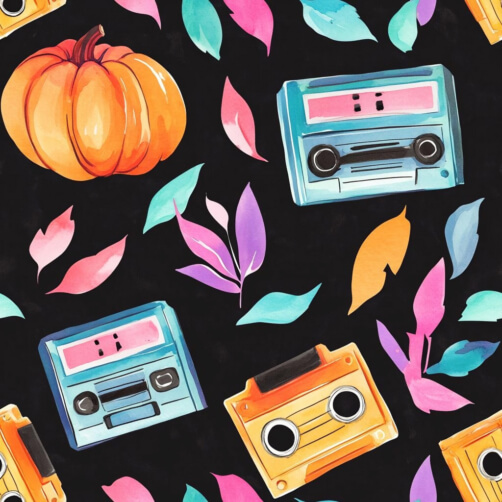 Colorful Autumn Pattern with Pumpkin and Cassette Tapes Colorful Autumn Pattern with Pumpkin and Cassette Tapes thumbnail