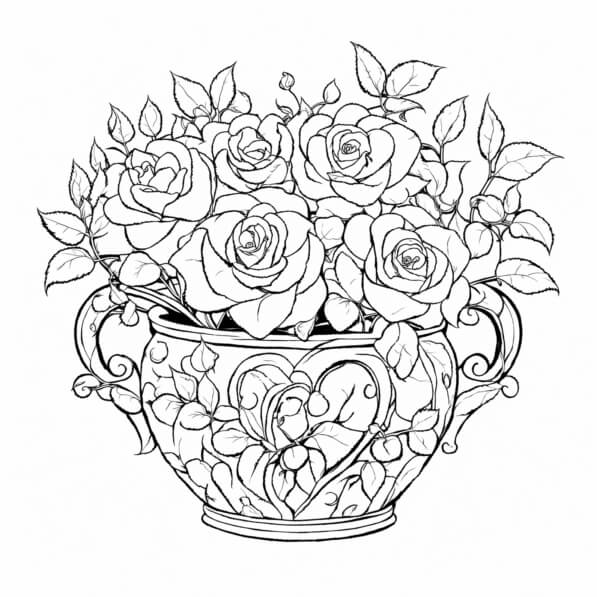 Download Intricate Line Drawing of Roses in a Vase Coloring pages ...