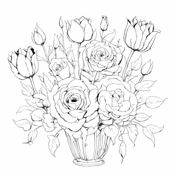 Download Detailed Line Drawing of Roses Bouquet Coloring pages Online ...