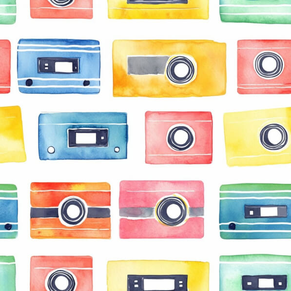 Download Colorful Watercolor Pattern of Retro Cameras and Cassette ...