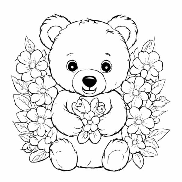 Download Cute Bear with Flowers Coloring pages Online - Creative Fabrica