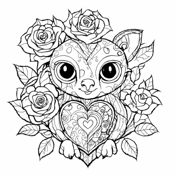 Download Whimsical Animal Illustration with Roses and Heart Coloring ...