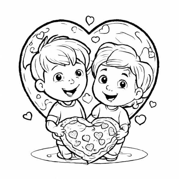 Download Children Holding HeartShaped Pizza Coloring pages Online
