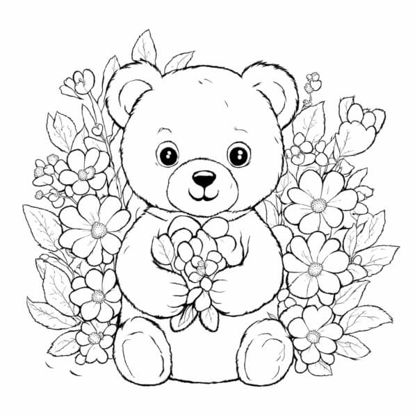 Download Cute Teddy Bear with Flowers Coloring pages Online - Creative ...