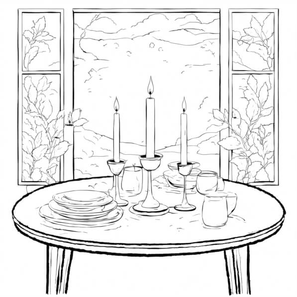 Download Cozy Dining Table with Candles and Scenic View Coloring pages ...
