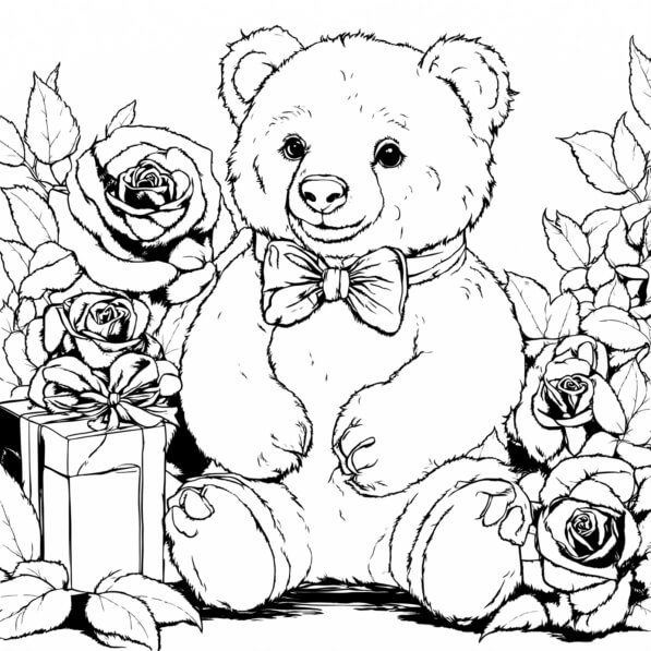Download Cute Teddy Bear Surrounded by Roses and a Gift Coloring pages ...
