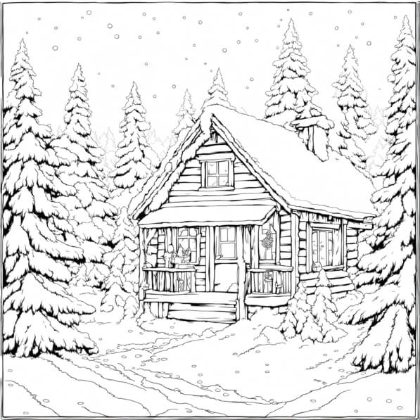 Download Cozy Log Cabin in a Snowy Landscape Coloring pages Online ...