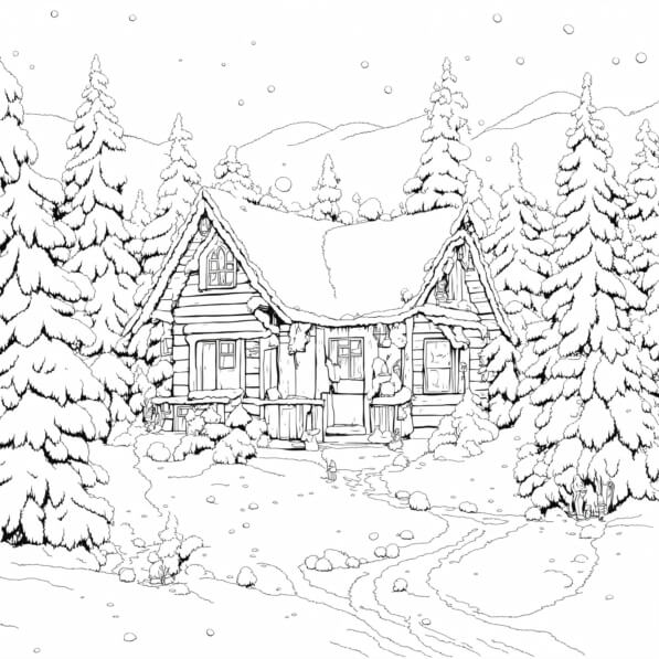 Download Winter Cabin in a Snowy Forest Coloring pages Online ...