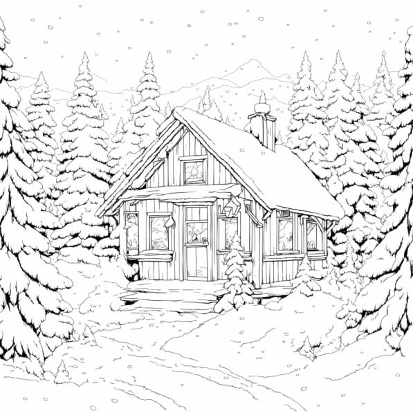 Download Cozy Cabin in a Snowy Landscape Coloring pages Online ...