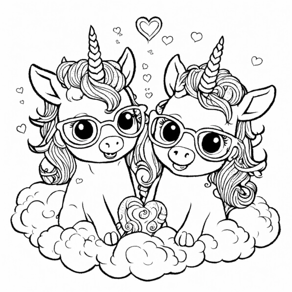 Download Two Cute Unicorns on Clouds Coloring pages Online - Creative ...