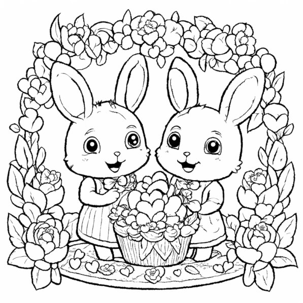 Download Cute Rabbits Surrounded by Flowers Coloring pages Online ...