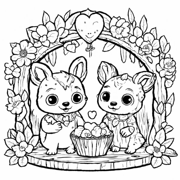 Download Cute Rabbits with Basket in a Floral Setting Coloring pages ...