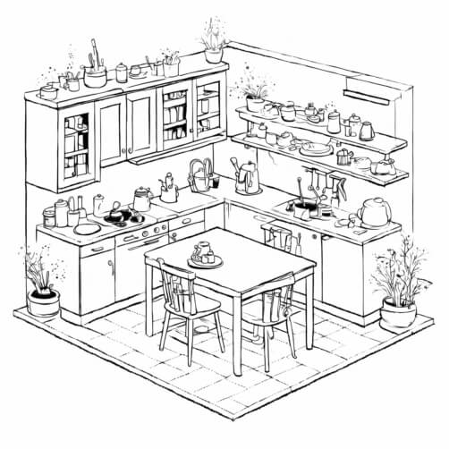 Cozy Kitchen Illustration in Black and White Cozy Kitchen Illustration in Black and White thumbnail