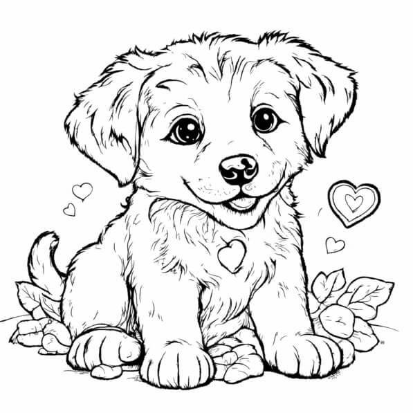 Download Cute Cartoon Puppy with Hearts Coloring pages Online