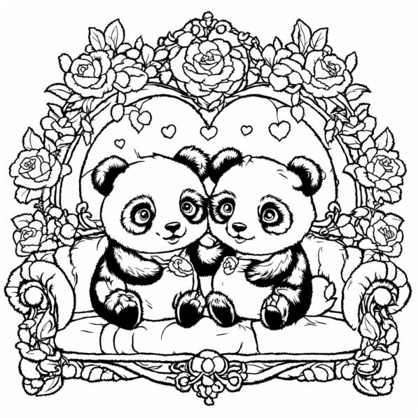 Download Cute Pandas on a Couch with Roses Coloring pages Online ...