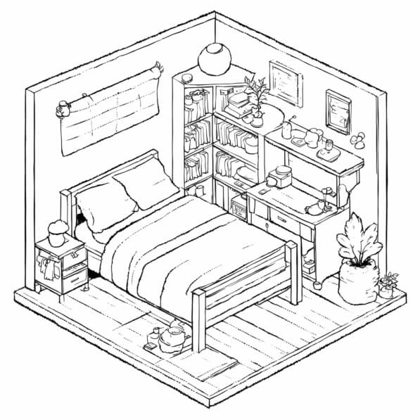 Download Cozy Bedroom Interior Coloring pages Online - Creative Fabrica