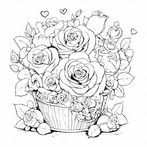 Download Intricate Roses Bouquet in Basket Coloring pages Online ...
