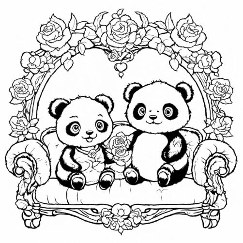 Download Cute Cartoon Pandas with Heart on Ornate Couch Coloring pages ...