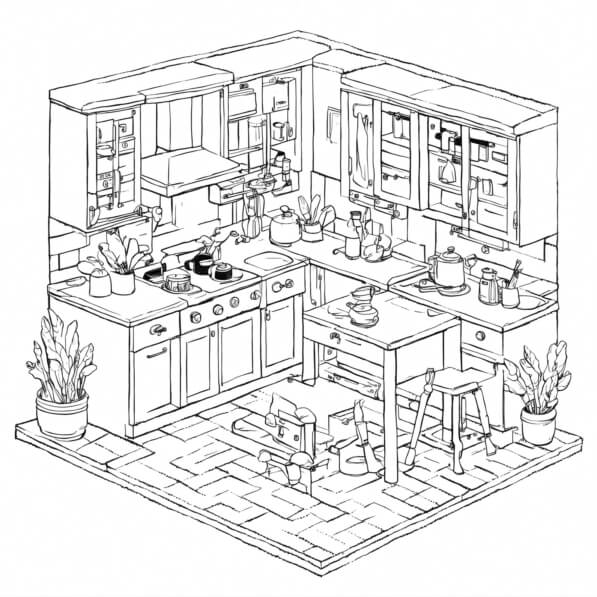 Download Cozy Kitchen Illustration Coloring pages Online - Creative Fabrica