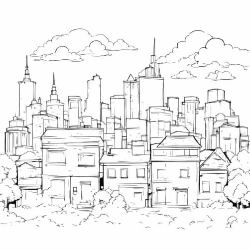 Download Black and White Urban Cityscape Drawing with River and ...