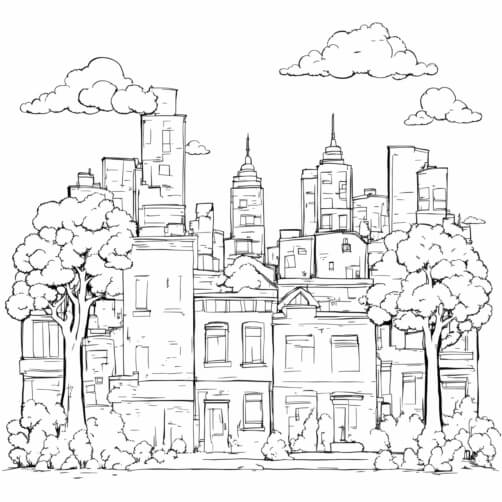 Download Black and White Urban Cityscape Drawing with River and ...
