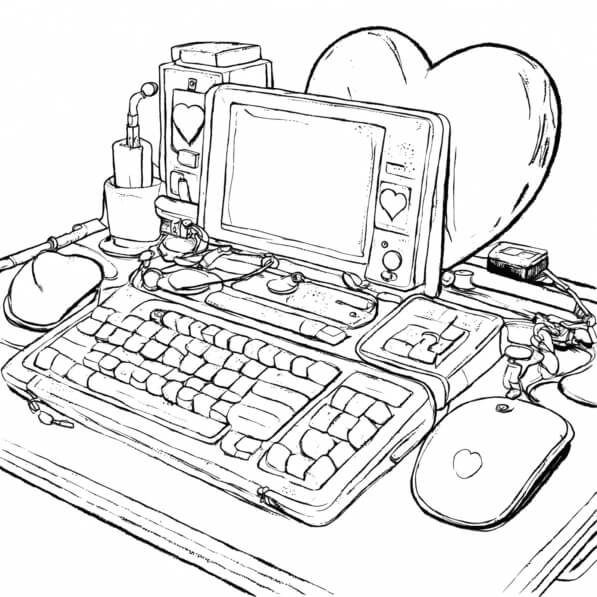 Download Vintage Computer Desk Setup with Heart-Shaped Decor Coloring ...