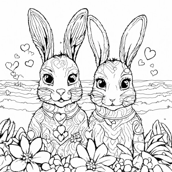 Download Two Adorable Rabbits Surrounded by Flowers and Hearts Coloring ...