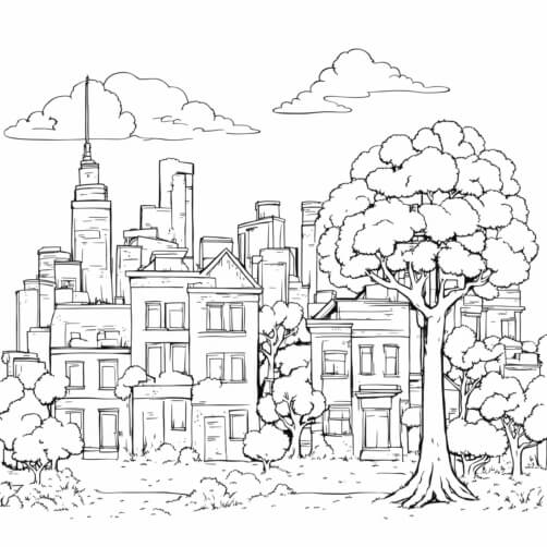 Download Black and White Urban Cityscape Drawing with River and ...