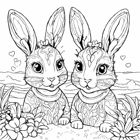Download Two Adorable Rabbits in a Floral Design Coloring pages Online ...