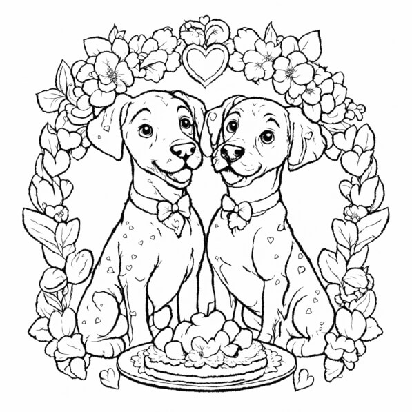 Download Two Dogs in Floral Wreath with Cake Coloring pages Online ...