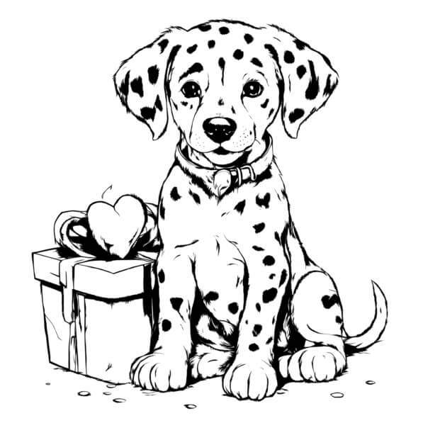 Scarica Cucciolo dalmata con scatola regalo Pagine da colorare Online