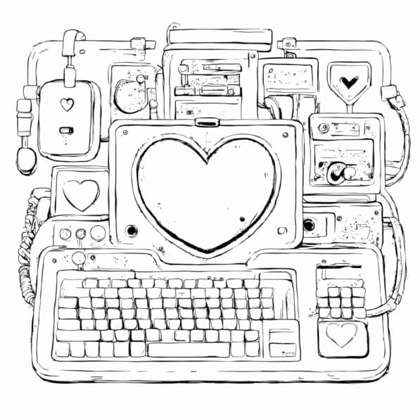 Download Artistic Computer Setup with Heart Motif Coloring pages Online ...