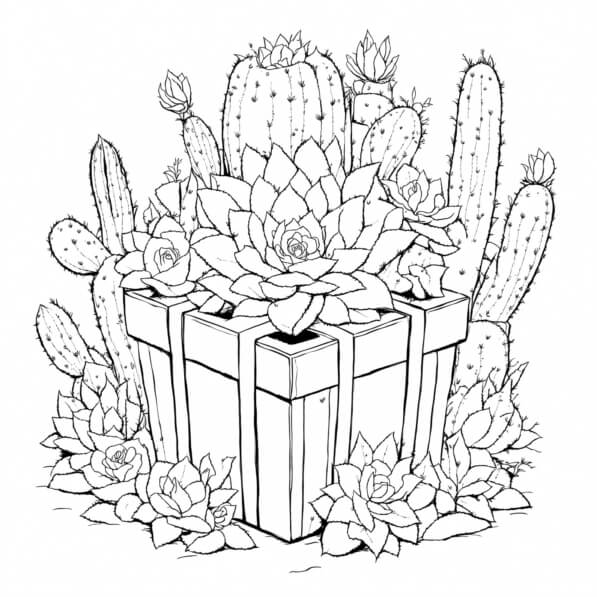 Download Gift Box Surrounded by Succulents and Cacti Coloring pages Online  - Creative Fabrica