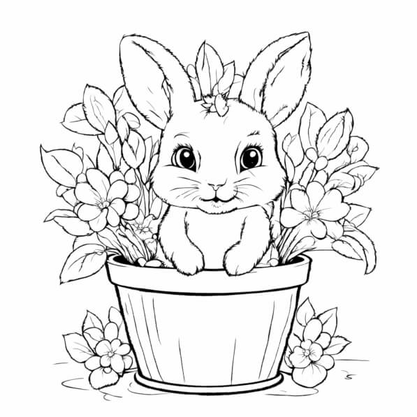 Download Cute Rabbit in Flower Pot Coloring pages Online - Creative Fabrica