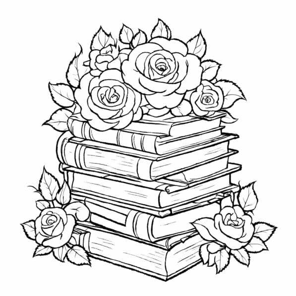 Stack Of Books To Color Download Stack of Books with Roses Coloring pages Online - Creative Fabrica