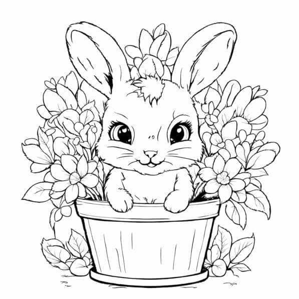 Download Rabbit in Flower Pot Coloring pages Online - Creative Fabrica