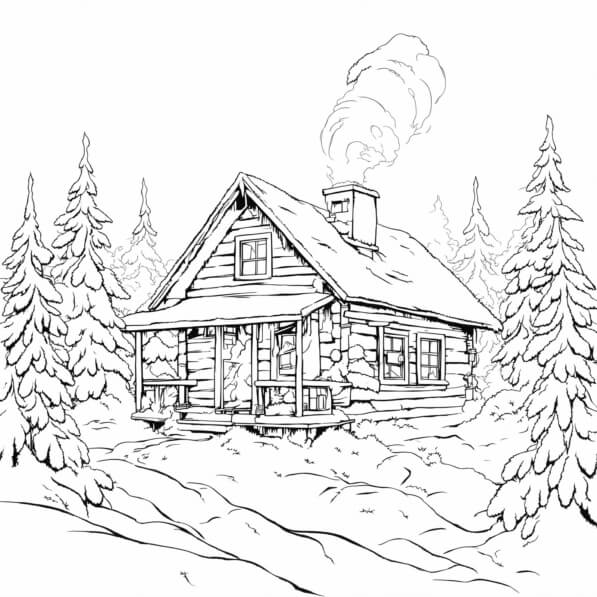 Download Log Cabin in Winter with Snow-Covered Trees Coloring pages ...