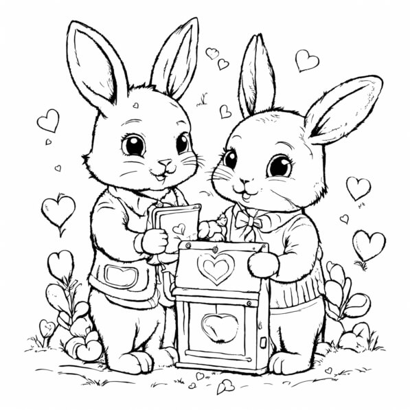 Download Two Cute Rabbits Exchanging Gifts Coloring pages Online ...