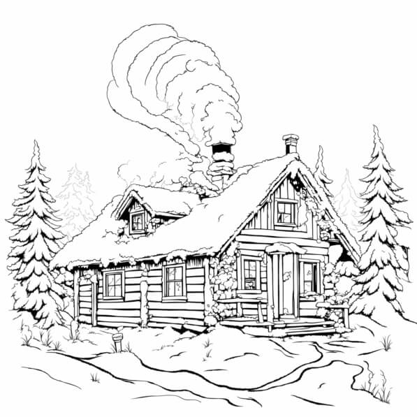 Download Snowy Log Cabin in a Winter Landscape Coloring pages Online ...