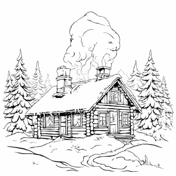Download Cozy Log Cabin in Snowy Forest Coloring pages Online ...