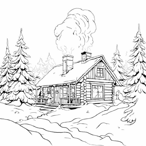 Download Cozy Log Cabin in a Snowy Landscape Coloring pages Online ...
