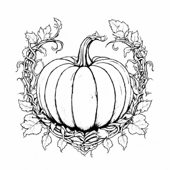 Download Illustrated Pumpkin with Vines and Leaves Coloring pages ...