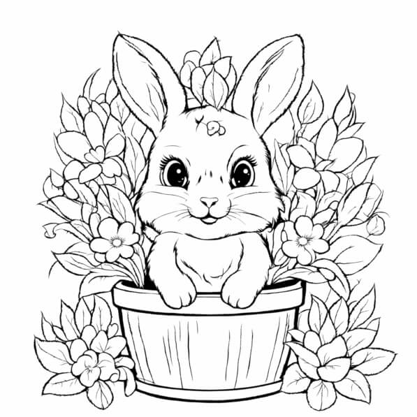 Download Cute Bunny in Flower Pot Coloring pages Online - Creative Fabrica