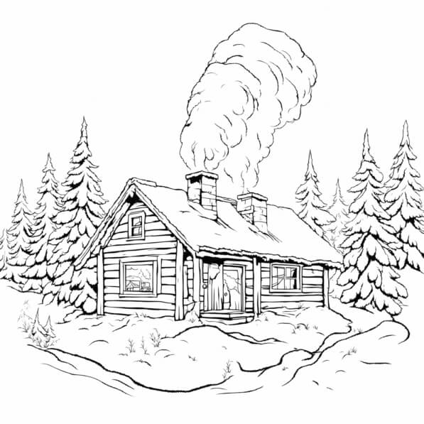 Download Cozy Log Cabin in a Snowy Landscape Coloring pages Online ...