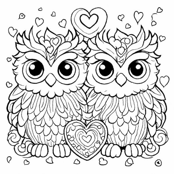 Download Cute Owls with Hearts for Coloring Coloring pages Online ...