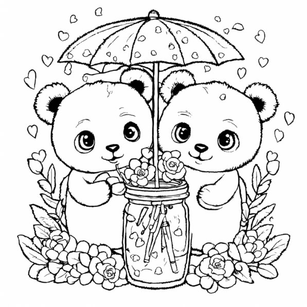 Download Cute Pandas Under Umbrella with Flowers Coloring pages Online ...
