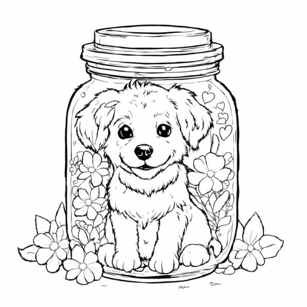 Download Cute Puppy in a Jar with Flowers Coloring pages Online ...