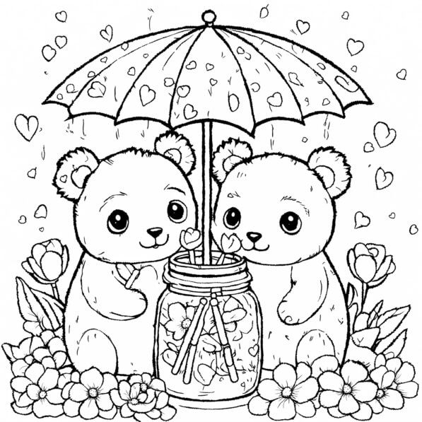 Download Pandas Under an Umbrella with Hearts and Flowers Coloring ...